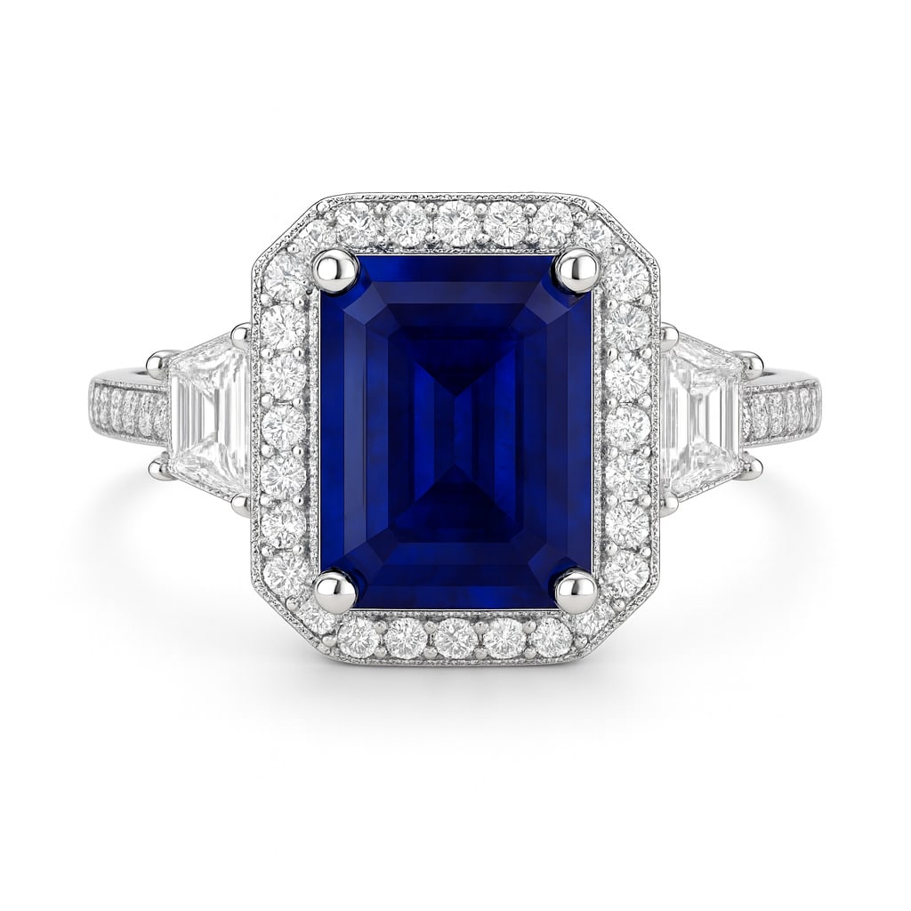10.00 CT Emerald Cut Lab Grown Blue Sapphire Halo Ring with Lab Grown Diamond Side Stones in 14K: A majestic 10.00 carat emerald cut lab grown blue sapphire glows with deep, royal blue brilliance, framed by a halo of sparkling round lab grown diamonds. Two trapezoid cut diamond side stones and a p