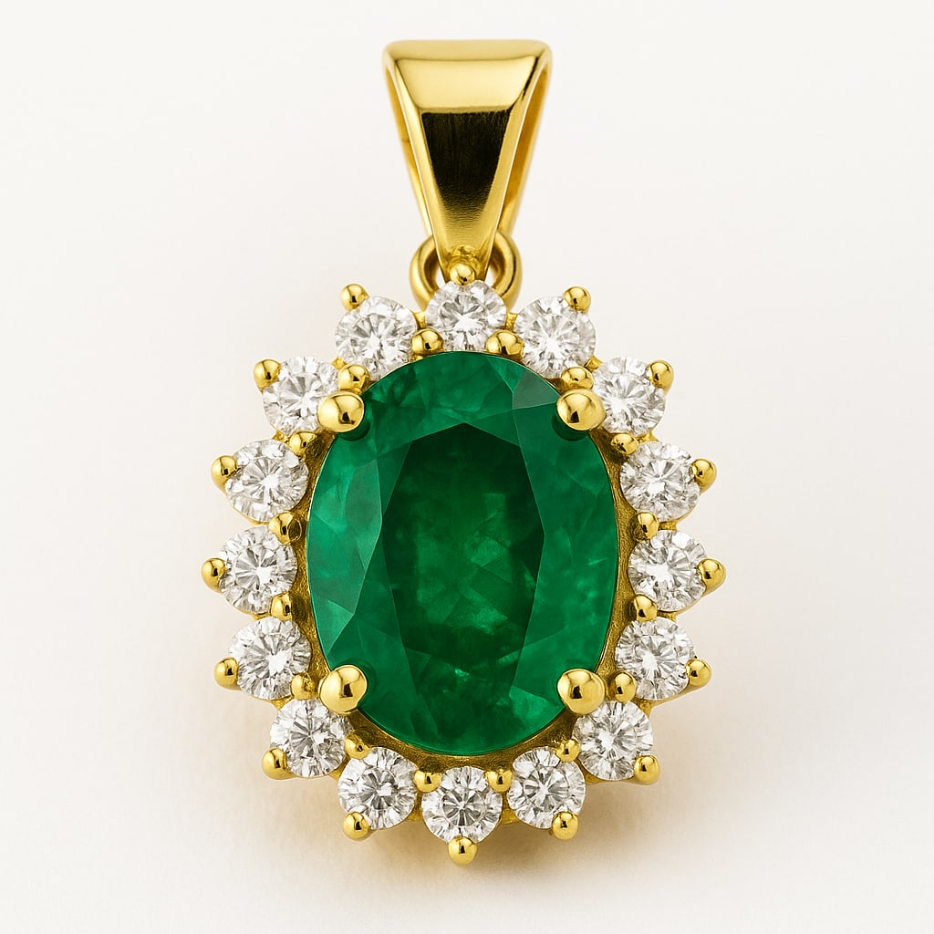 7.50 CT Oval Cut Lab Grown Emerald Floral Halo Pendant with Lab Grown Diamonds in 14K Yellow Gold (1 of 2)