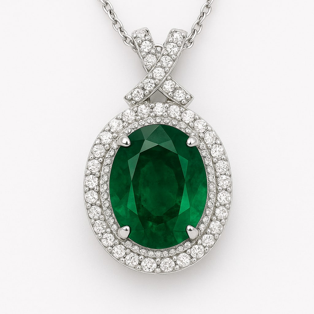 10.00 CT Oval Cut Lab Grown Emerald Double Halo Pendant with Lab Grown Diamond Accents in 14K White: A magnificent 10.00 carat oval cut lab grown emerald shines with vivid green brilliance, framed by two rows of dazzling lab grown diamonds in a double halo design. The pendant is enhanced with a diamo