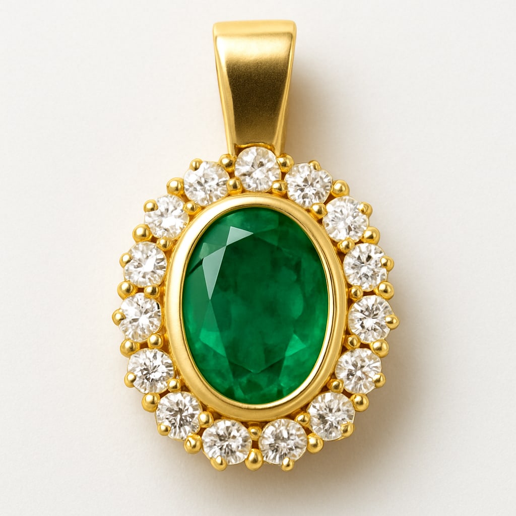 6.50 CT Oval Cut Lab Grown Emerald Halo Pendant with Lab Grown Diamonds in 14K Yellow Gold: A captivating 6.50 carat oval cut lab grown emerald shines with vivid green brilliance, encircled by a halo of sparkling round lab grown diamonds. Set in polished 14K yellow gold, this pendant exudes 