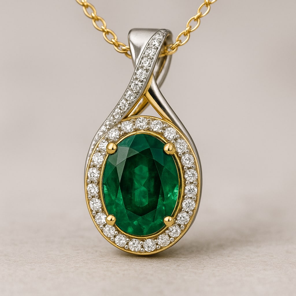 5.00 CT Oval Cut Lab Grown Emerald Halo Pendant with Lab Grown Diamond Accents in 14K Two-Tone Gold: A vibrant 5.00 carat oval cut lab grown emerald radiates rich green brilliance, encircled by a halo of sparkling lab grown diamonds. The pendant features a unique twist bale design adorned with diamon