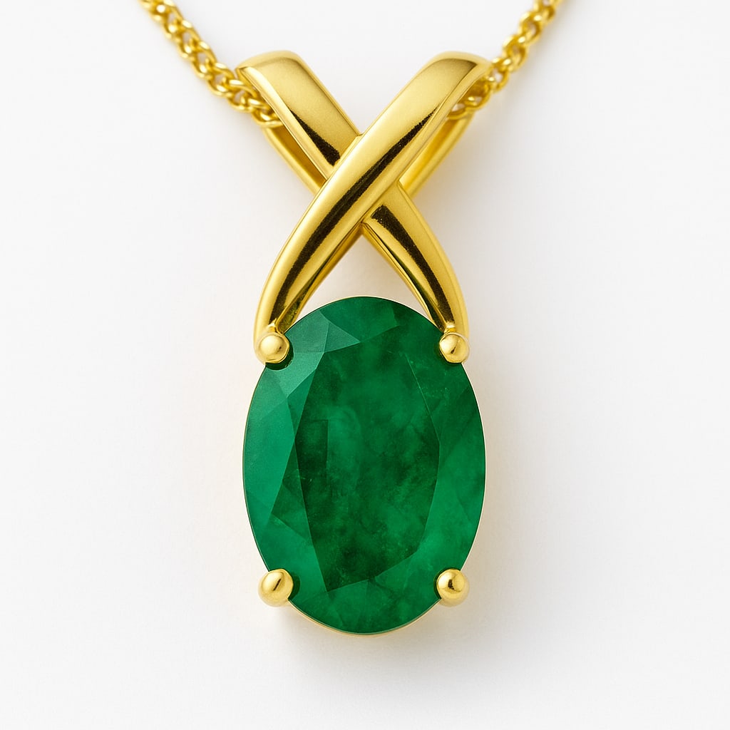 5.00 CT Oval Cut Lab Grown Emerald Solitaire Pendant in 14K Yellow Gold: A timeless 5.00 carat oval cut lab grown emerald shines with rich green brilliance, set in a classic solitaire pendant. The polished 14K yellow gold X-bale design adds a refined touch, making this pen