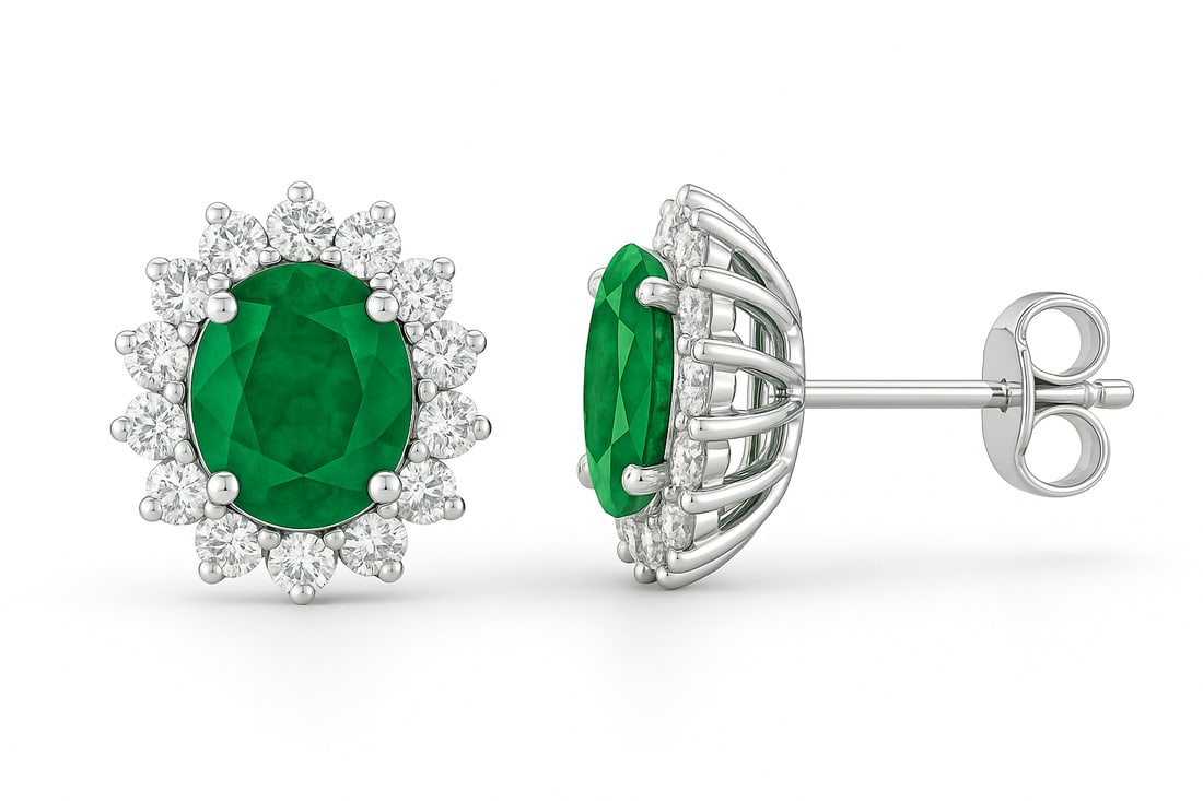 8.00 CT Oval Cut Lab Grown Emerald Floral Halo Earrings with Lab Grown Diamonds in 14K White Gold: A pair of dazzling 8.00 carat oval cut lab grown emeralds radiate rich green brilliance, surrounded by a floral halo of sparkling round lab grown diamonds. Set in polished 14K white gold, these halo e