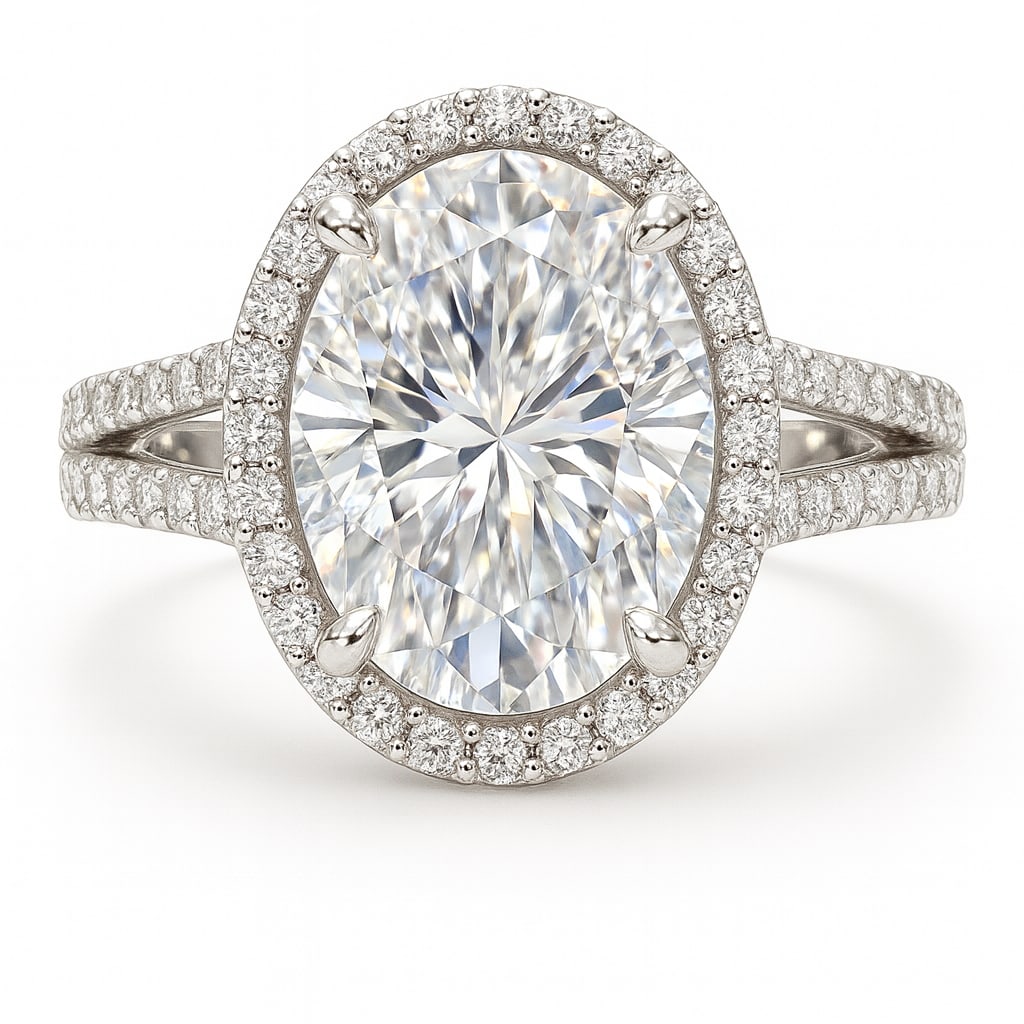 7.50 CT Oval Cut Lab Grown Diamond Halo Ring with Split Pavé Band in 14K White Gold: A magnificent 7.50 carat oval cut lab grown diamond sparkles at the center, encircled by a halo of brilliant round diamonds. The split pavé-set diamond band enhances the brilliance from every angle, 