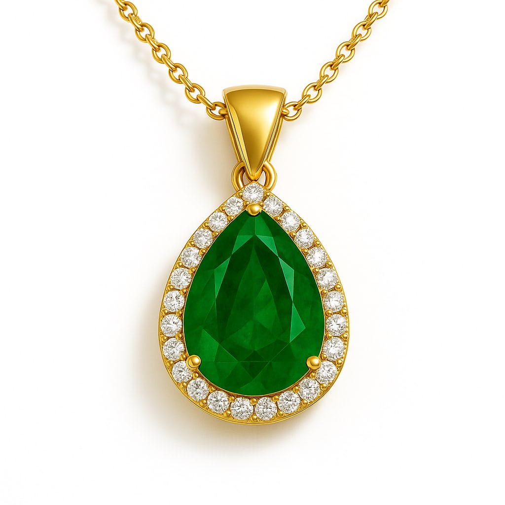 7.50 CT Pear Cut Lab Grown Emerald Halo Pendant with Lab Grown Diamonds in 14K Yellow Gold: A brilliant 7.50 carat pear cut lab grown emerald glows with vivid green brilliance, encircled by a halo of sparkling round lab grown diamonds. Set in polished 14K yellow gold, this pendant exudes ele