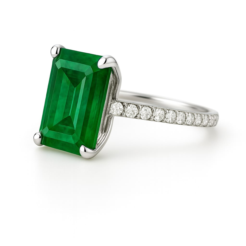 10.00 CT Emerald Cut Lab Grown Emerald Solitaire Ring with Pavé Band in 14K White Gold: A stunning 10.00 carat emerald cut lab grown emerald glows with deep green brilliance, set in a sleek solitaire design. The pavé-set diamond band enhances sparkle and elegance, while the polished 14K