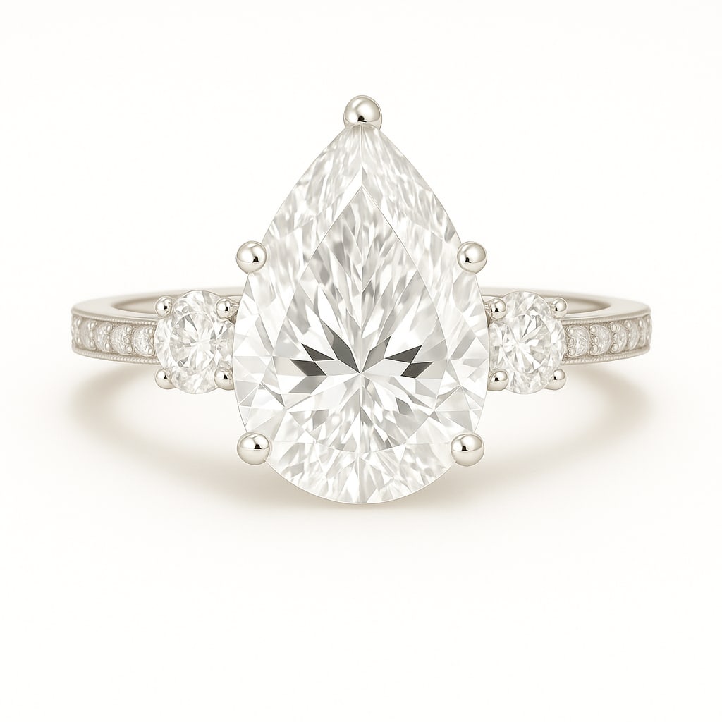 7.50 CT Pear Cut Lab Grown Diamond Three-Stone Ring with Round Side Stones in 14K White Gold: A dazzling 7.50 carat pear cut lab grown diamond sparkles brilliantly at the center, flanked by two round cut side stones for added elegance. The pavé-set diamond band enhances the brilliance from ev