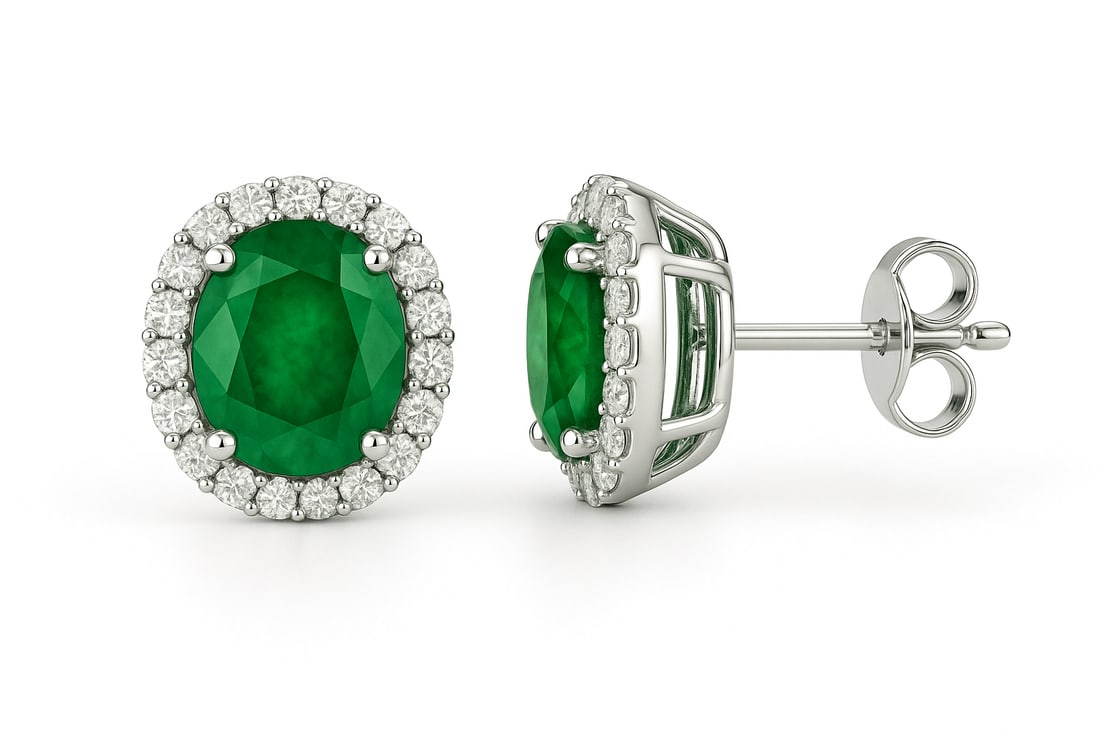8.00 CT Oval Cut Lab Grown Emerald Halo Earrings with Lab Grown Diamonds in 14K White Gold: A pair of dazzling 8.00 carat oval cut lab grown emeralds radiate vivid green brilliance, each encircled by a halo of sparkling round lab grown diamonds. Set in polished 14K white gold, these earrings