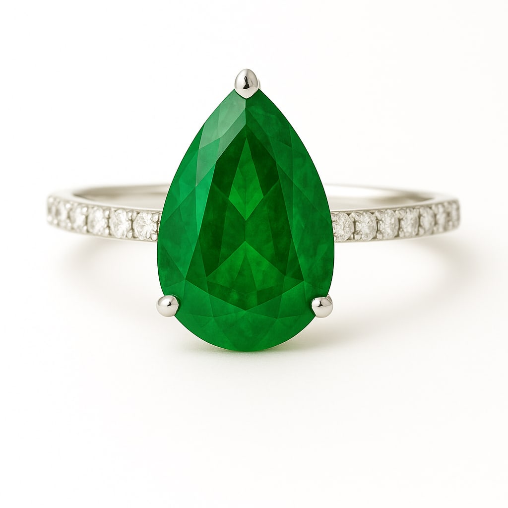 10.00 CT Pear Cut Lab Grown Emerald Solitaire Ring with Pavé Band in 14K White Gold: A magnificent 10.00 carat pear cut lab grown emerald radiates vibrant green brilliance in a sleek solitaire design. The pavé-set diamond band enhances sparkle and elegance, while the polished 14K whi
