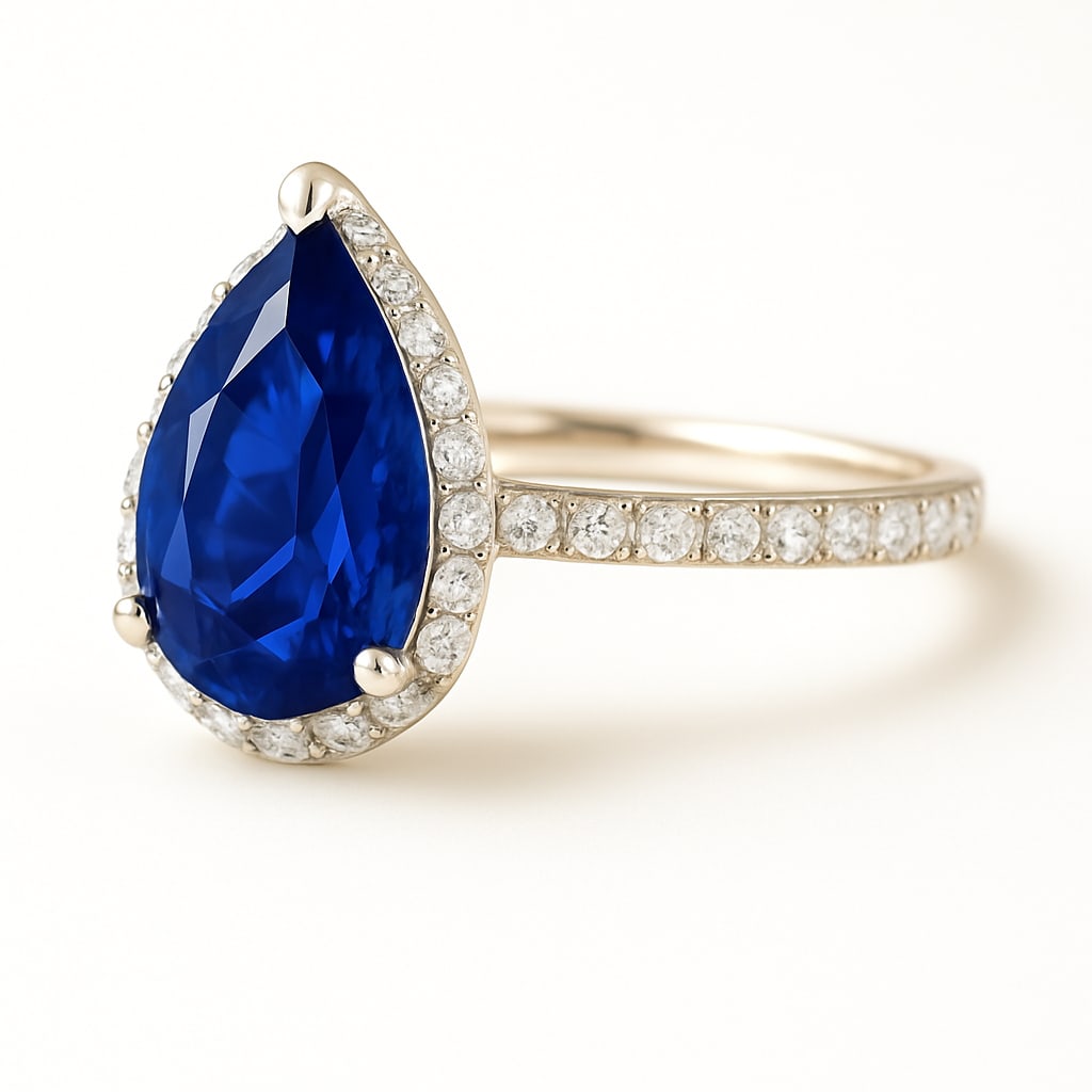 10.00 CT Pear Cut Lab Grown Blue Sapphire Halo Ring in 14K White Gold (1 of 2)