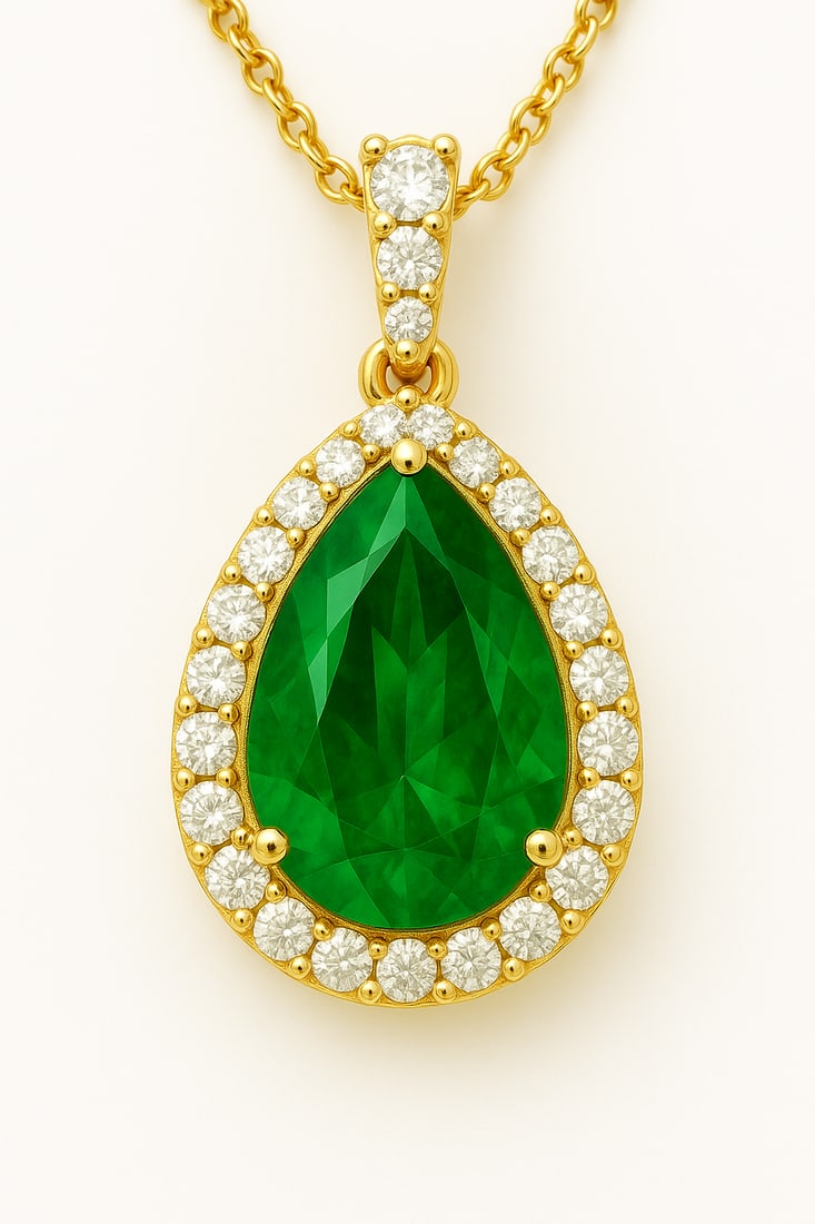 7.50 Ct Pear Cut Lab Grown Emerald & Diamond Halo Pendant in 14K Yellow Gold: An elegant 7.50 carat lab grown emerald pendant featuring a vivid pear shaped emerald surrounded by a sparkling halo of round lab grown diamonds. Crafted in radiant 14K yellow gold, this timeless pend