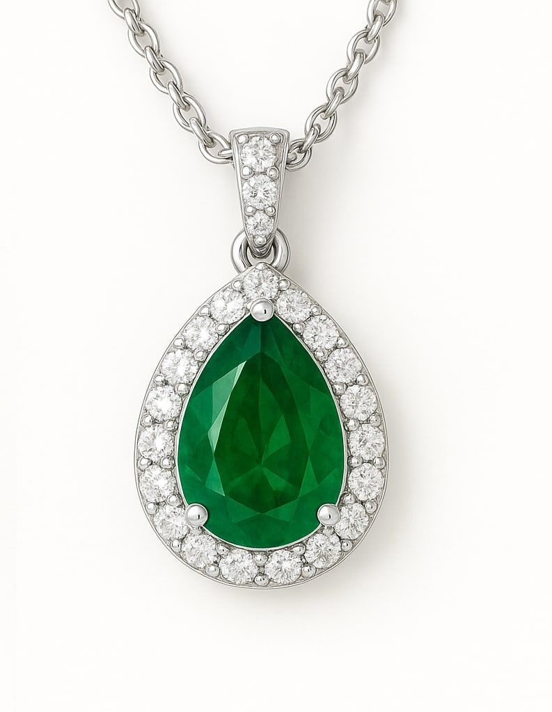 5 Ct Pear Cut Lab Grown Emerald & Diamond Halo Pendant in 14K White Gold: A sophisticated 5 carat lab grown emerald pendant featuring a vivid pear shaped emerald surrounded by a sparkling halo of round lab grown diamonds. Crafted in polished 14K white gold, this elegant pen