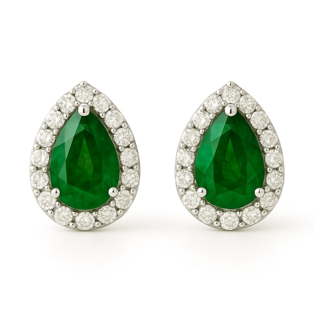 8 Ct Pear Cut Lab Grown Emerald Stud Earrings with Diamond Halo in 14K White Gold: Elegant and timeless, these stunning pear cut lab grown emerald stud earrings showcase approximately 8 carats total weight of vivid green lab grown emeralds surrounded by brilliant halo set lab grown 