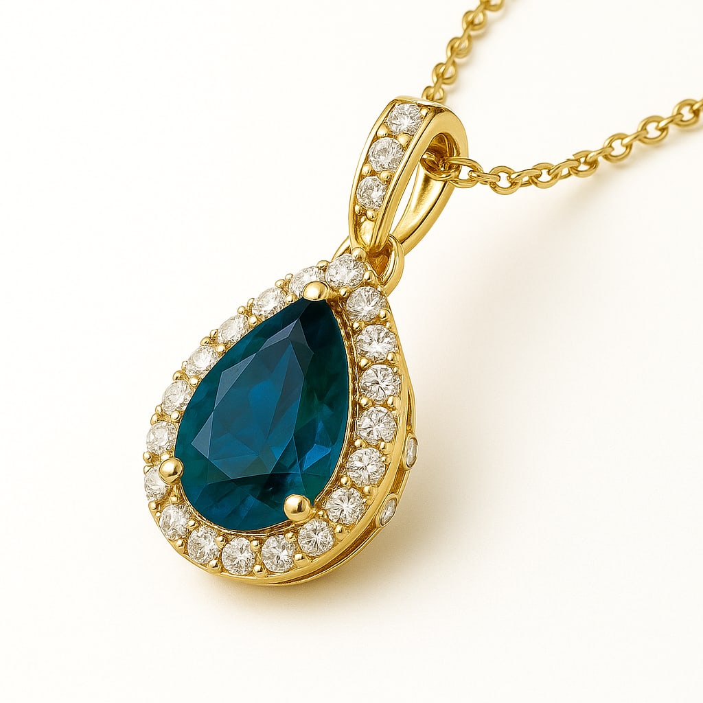 10 Ct Pear Cut Blue Sapphire Halo Pendant in 14K Yellow Gold: This elegant pear cut blue sapphire halo pendant features a breathtaking approximately 10 carat vivid deep blue sapphire surrounded by brilliant round diamonds in a timeless halo setting. Crafted in p