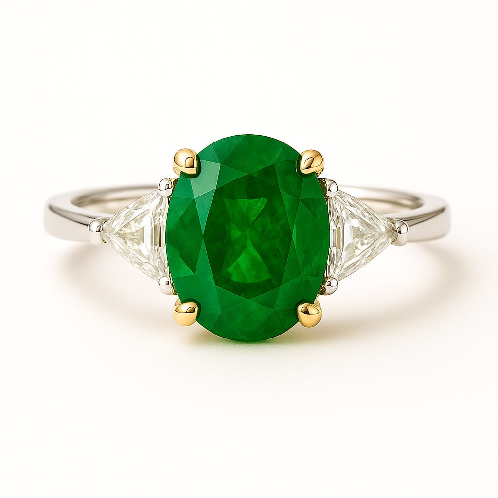 10 Ct Oval Cut Emerald Three Stone Ring in 14K Two Tone Gold: This striking three stone ring showcases an impressive approximately 10 carat oval cut vivid green emerald set in an elegant 14K two tone gold mounting. The rich emerald centerpiece is accented by tap