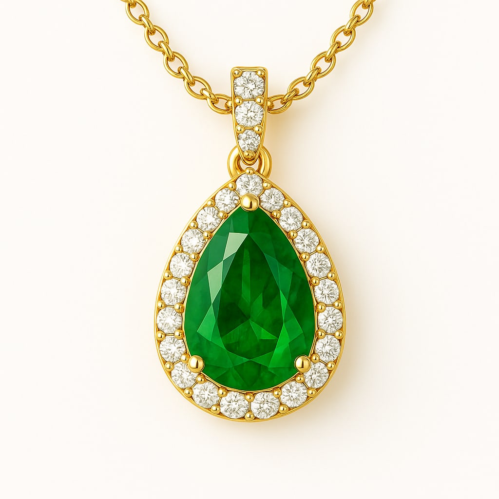 6.50 Ct Pear Cut Emerald Halo Pendant in 14K Yellow Gold: This elegant pear cut emerald halo pendant showcases a vivid green approximately 6.50 carat emerald surrounded by a shimmering halo of brilliant round diamonds in polished 14K yellow gold. The gracefu