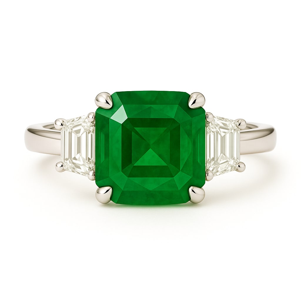 7.50 Ct Asscher Cut Emerald Three Stone Ring in 14K White Gold: This sophisticated three stone ring features an approximately 7.50 carat Asscher cut vivid green emerald set in polished 14K white gold. The striking step cut center stone is complemented by elegant t