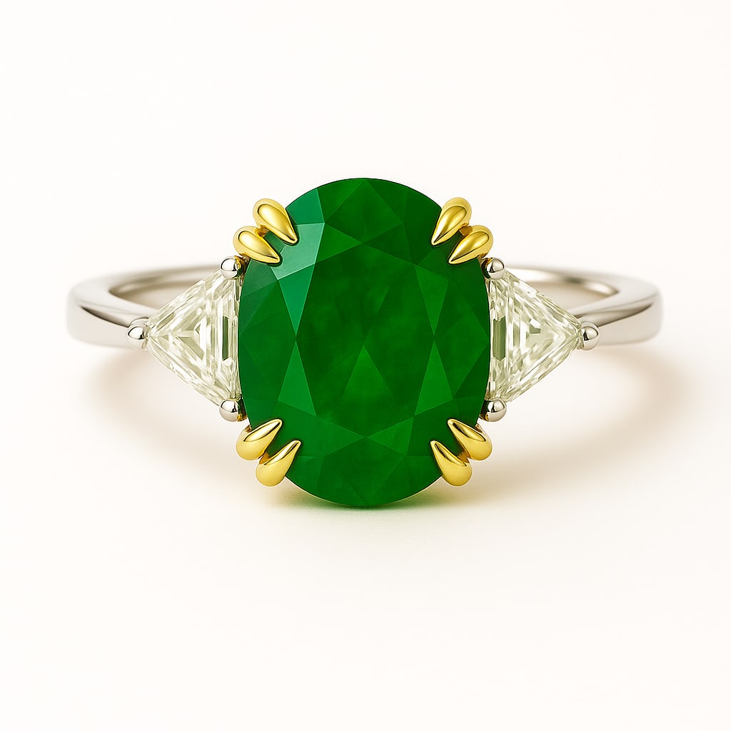 8.00 CT Oval Cut Lab Grown Emerald Three-Stone Ring in 14K Two-Tone Gold: This captivating three stone ring features an approximately 8 carat oval cut vivid green emerald set in an elegant 14K two tone gold mounting. The richly saturated emerald centerpiece is accented by b