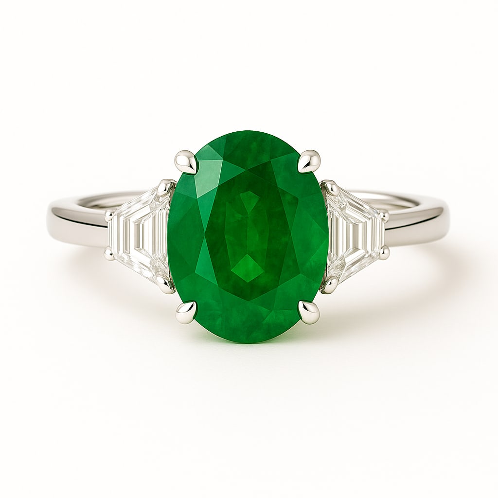 7.50 CT Oval Cut Lab Grown Emerald Three-Stone Ring in 14K White Gold: This refined three stone ring showcases an approximately 7.50 carat oval cut vivid green emerald set in polished 14K white gold. The vibrant emerald centerpiece is accented by elegant trapezoid cut si