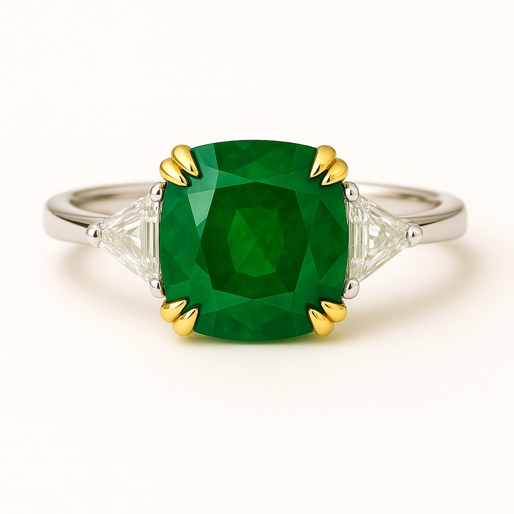 8.50 CT Cushion Cut Lab Grown Emerald Three-Stone Ring in 14K Two-Tone Gold: This elegant three stone ring features an approximately 8.50 carat cushion cut vivid green emerald set in a sophisticated 14K two tone gold mounting. The bold emerald centerpiece is accented by brilli
