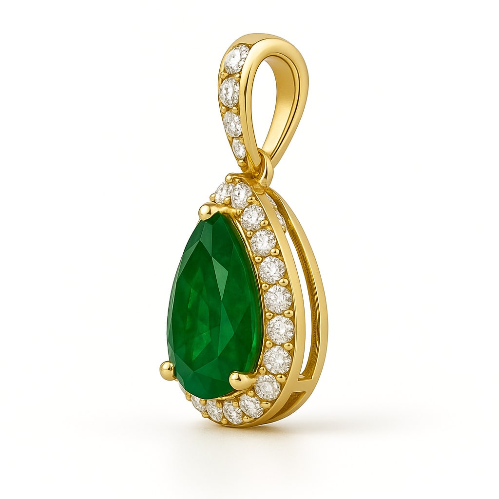 5.50 CT Pear Cut Lab Grown Emerald Halo Pendant in 14K Yellow Gold: This graceful pear cut emerald halo pendant showcases an approximately 5.50 carat vivid green emerald set in polished 14K yellow gold. The elegant teardrop silhouette is surrounded by a brilliant halo