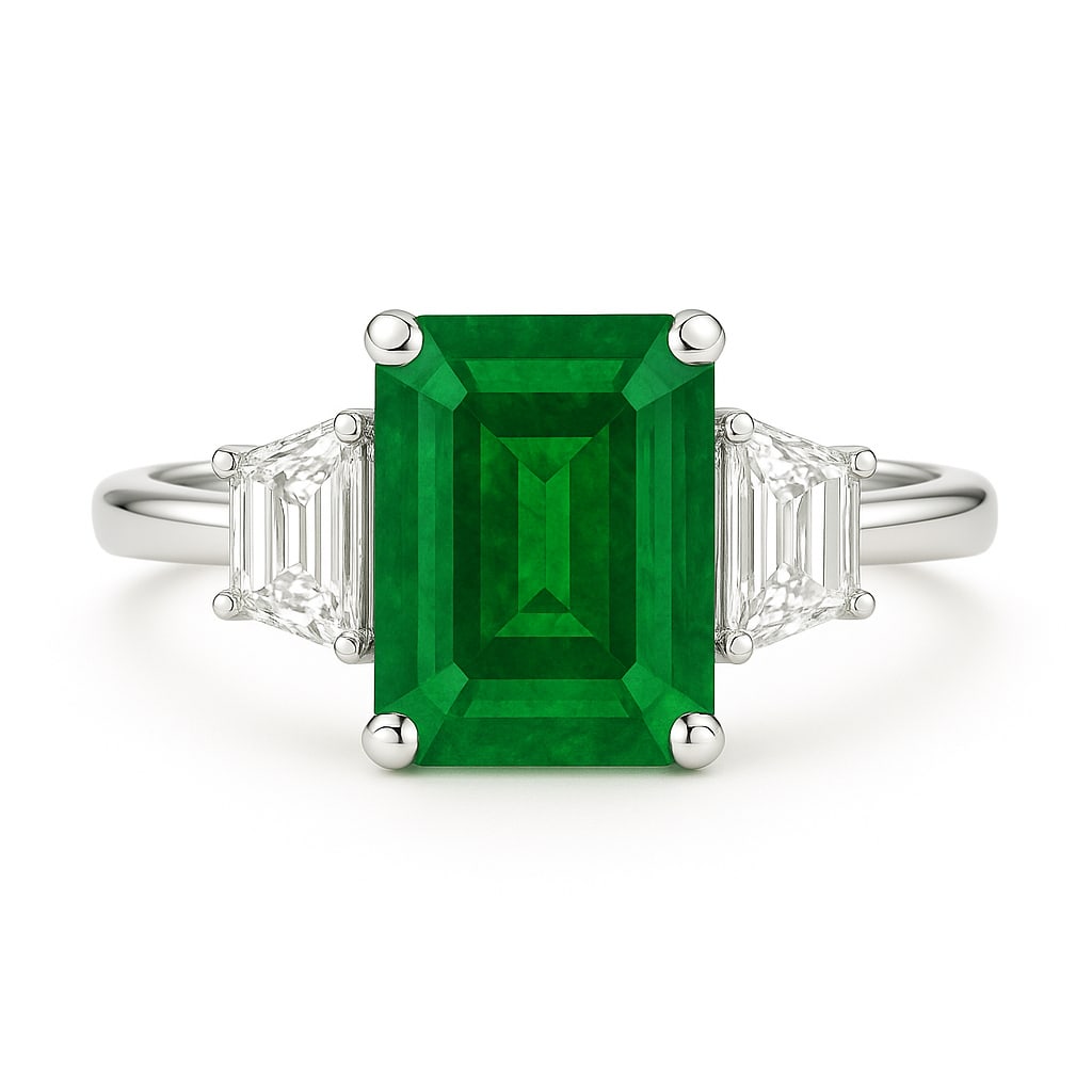 10.00 CT Emerald Cut Lab Grown Emerald Three-Stone Ring in 14K White Gold: This striking three stone ring showcases an approximately 10 carat emerald cut vivid green emerald set in polished 14K white gold. The bold step cut center stone is accented by elegant trapezoid cut s