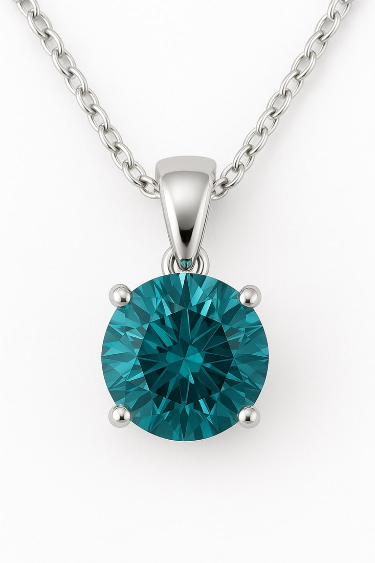3.50 CT Round Cut Lab Grown Blue Diamond Solitaire Pendant in 14K White Gold: A timeless and elegant pendant featuring an approximately 3.5 carat round brilliant cut blue lab grown diamond set in polished 14K white gold. The vivid ocean-blue hue combined with the exceptional br