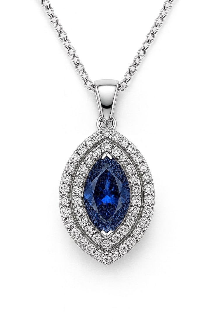 8.00 Ct Marquise Cut London Blue Topaz & Diamond Halo Pendant in 14K White Gold: An elegant and luxurious pendant showcasing an approximately 8.00 carat marquise cut London Blue Topaz surrounded by a brilliant double halo of sparkling diamonds in polished 14K white gold. The deep 