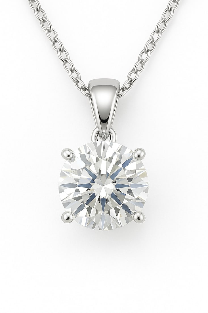 4.00 Ct Round Brilliant Cut Lab Grown Diamond Solitaire Pendant in 14K White Gold: A timeless luxury pendant featuring an approximately 4.00 carat round brilliant cut lab grown diamond set in polished 14K white gold. The classic solitaire design highlights the exceptional brilliance
