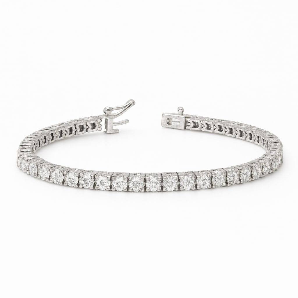 6.50 Ct Lab Grown Diamond Tennis Bracelet in 14K White Gold – 6 Inch: A timeless and elegant tennis bracelet featuring approximately 6.50 carats total weight of brilliant lab grown diamonds set in luxurious 14K white gold. Designed with a continuous line of sparkling ro