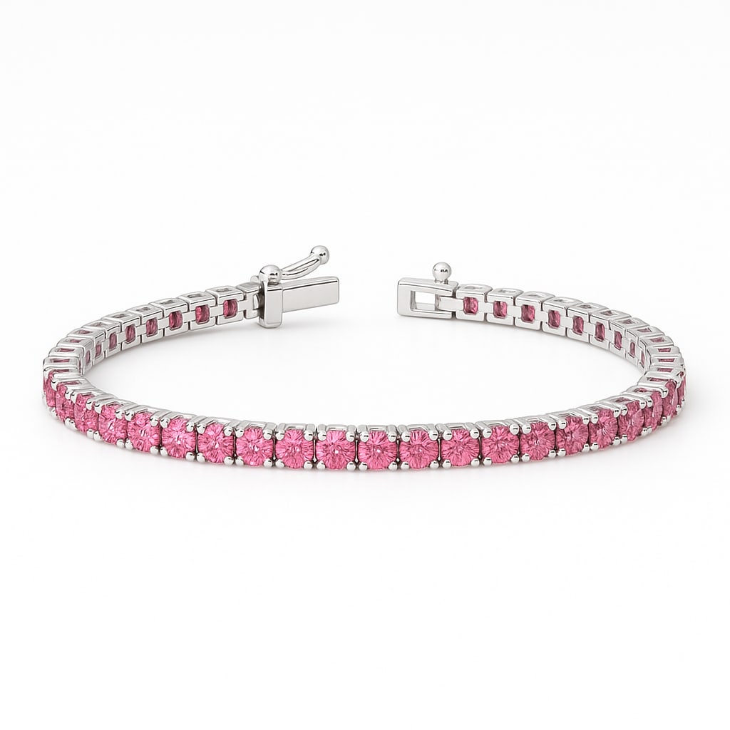 6.00 Ct Pink Lab Grown Diamond Tennis Bracelet in 14K White Gold: A vibrant and luxurious tennis bracelet featuring approximately 6.00 carats total weight of brilliant pink lab grown diamonds set in polished 14K white gold. The vivid pink hue of the diamonds creates