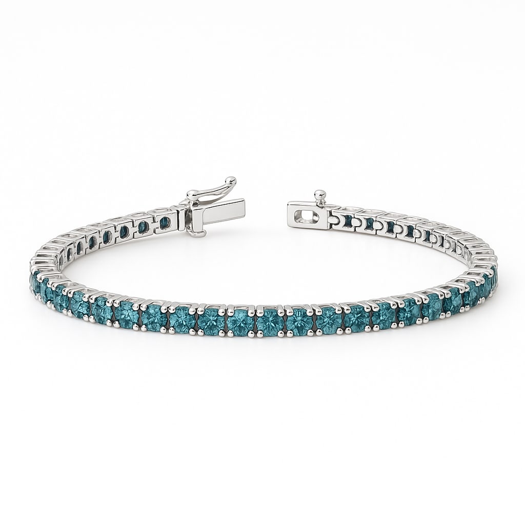 4.50 Ct Blue Lab Grown Diamond Tennis Bracelet in 14K White Gold: A refined and elegant tennis bracelet featuring approximately 4.50 carats total weight of vivid blue lab grown diamonds set in luxurious 14K white gold. The rich ocean-blue brilliance of the diamonds 