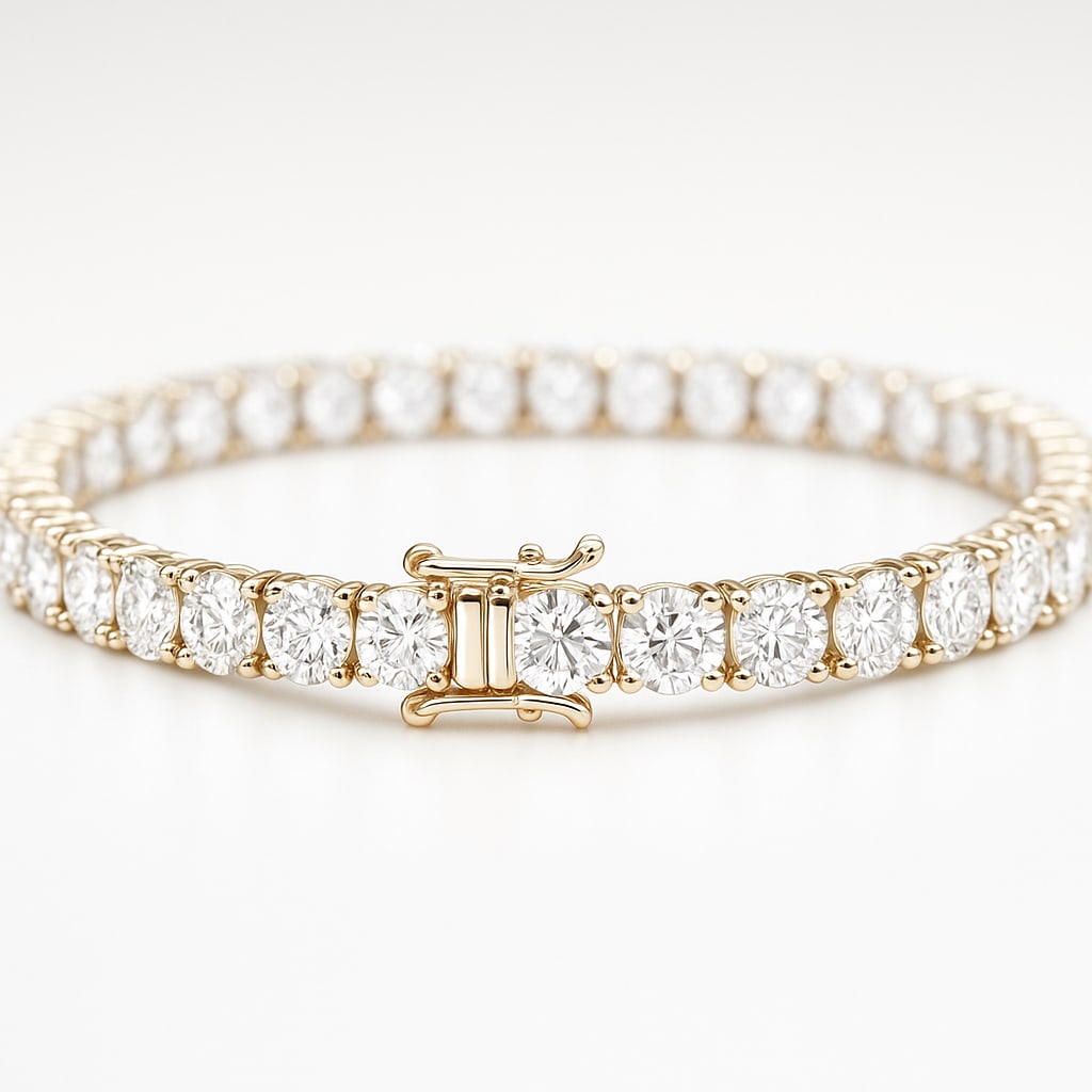 7.50 CT Light Pink Lab Grown Diamond Tennis Bracelet (3.5mm) in 14K Yellow Gold – 6 Inch: A timeless and sophisticated tennis bracelet showcasing approximately 7.50 carats total weight of dazzling round brilliant cut lab grown diamonds set in luxurious 14K yellow gold. This elegant bracele