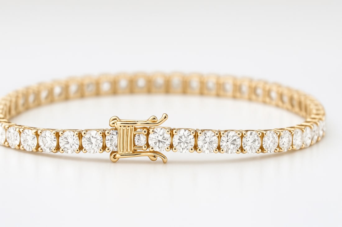 7.00 Ct Round Brilliant Cut Lab Grown Diamond Tennis Bracelet in 14K Yellow Gold: A refined and timeless tennis bracelet featuring approximately 7.00 carats total weight of brilliant round cut lab grown diamonds expertly crafted in luxurious 14K yellow gold. This elegant bracelet s