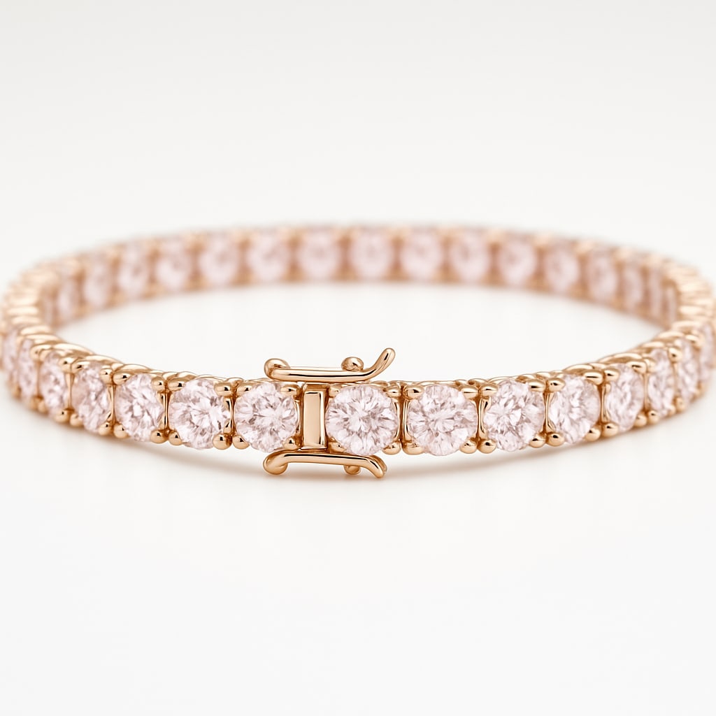 8.00 Ct Round Brilliant Cut Pink Lab Grown Diamond Tennis Bracelet in 14K Rose Gold: A stunning and feminine tennis bracelet showcasing approximately 8.00 carats total weight of brilliant round cut pink lab grown diamonds crafted in luxurious 14K rose gold. This elegant bracelet featu