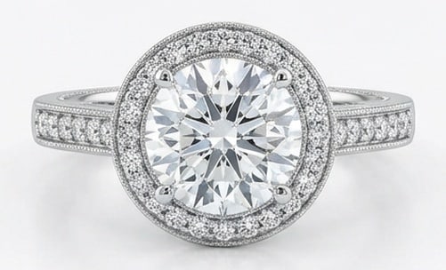 Lab Grown 3.00 Ct Round Brilliant Diamond Ring – Vintage Halo with Pave Band – / in 14K White: Striking and elegant, this ring features a 3.00 carat lab grown Round Brilliant center diamond. Featuring the Vintage Halo with Pave Band styling that frames the centerpiece and shapes the overall pro