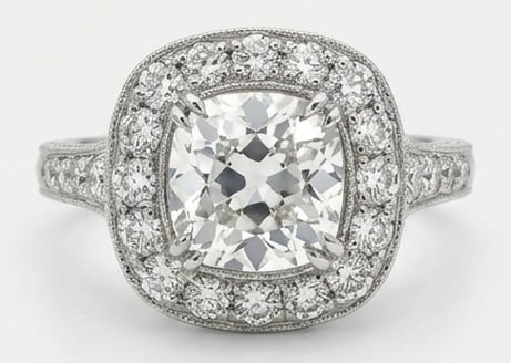 Lab Grown 3.00 Ct Cushion (Old Mine Look) Diamond Ring – Vintage Cushion Halo – / in 14K White: A timeless statement, this ring highlights a 3.00 carat lab grown Cushion (Old Mine Look) center diamond as the focal point. The vintage cushion halo design is paired with White Gold for a sleek, refi