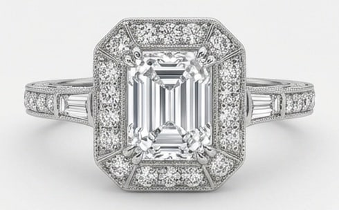 Lab Grown 4.00 Ct Emerald Cut Diamond Ring – Art Deco Geometric Halo with Baguettes – / in 14K: Designed to stand out, this ring presents a 4.00 carat lab grown Emerald Cut center diamond. White Gold gives the piece a refined, neutral foundation for daily wear or events. The overall style follow