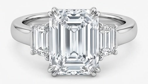 Lab Grown 10.00 Ct Emerald Cut Diamond Ring – Classic Three-Stone with Trapezoid Sides – / in: Classic with a contemporary edge, this ring spotlights a 10.00 carat lab grown Emerald Cut center diamond. White Gold gives the piece a refined, neutral foundation for daily wear or events. The overal