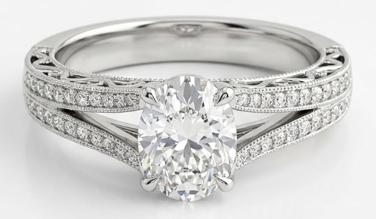 Lab Grown 2.00 Ct Oval Diamond Ring – Vintage Split Shank Pave – / in 14K White Gold: Chic and distinctive, this ring showcases a 2.00 carat lab grown Oval center diamond. Set in White Gold , the ring is styled with vintage split shank pave details that define its look. Type: Ring | Co