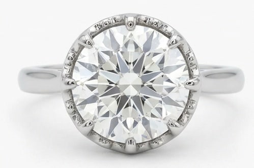Lab Grown 4.00 Ct Round Brilliant Diamond Ring – Solitaire with Scalloped/Crown Basket Setting –: Bold yet refined, this design showcases a 4.00 carat lab grown Round Brilliant center diamond. White Gold gives the piece a refined, neutral foundation for daily wear or events. The overall style foll