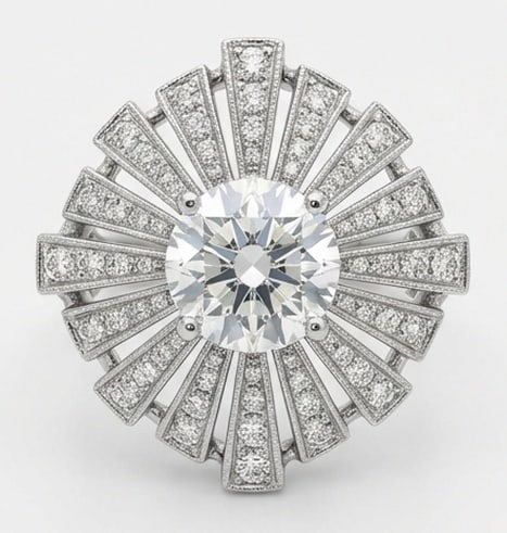 Lab Grown 2.00 Ct Round Brilliant Diamond Ring – Art Deco Sunburst / Ballerina Halo – / in 14K: Graceful and eye-catching, this ring is set with a 2.00 carat lab grown Round Brilliant center diamond. White Gold gives the piece a refined, neutral foundation for daily wear or events. The overall s