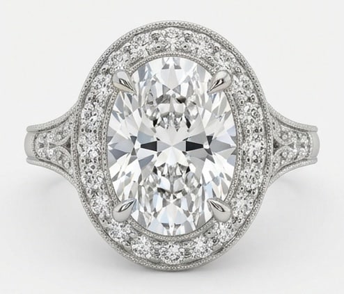 Lab Grown 6.00 Ct Oval Diamond Ring – Vintage Split Shank Halo – / in 14K White Gold: Sophisticated and modern, this ring is defined by a 6.00 carat lab grown Oval center diamond. Featuring the Vintage Split Shank Halo theme, offering a distinctive top view and refined styling. Featuri