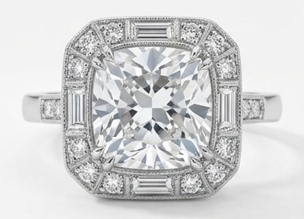 Lab Grown 6.00 Ct Cushion (Old Mine Look) Diamond Ring – Art Deco Geometric Halo (Baguette &: Classic with a contemporary edge, this ring spotlights a 6.00 carat lab grown Cushion (Old Mine Look) center diamond. Set in White Gold , the ring is styled with art deco geometric halo (baguette & ro