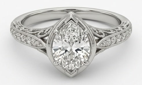 Lab Grown 2.00 Ct Marquise Diamond Ring – Vintage Bezel Set with Milgrain Details – / in 14K: Beautifully styled, this ring is anchored by a 2.00 carat lab grown Marquise center diamond as the focal point. The vintage bezel set with milgrain details design is paired with White Gold for a sleek