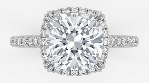 Lab Grown 3.00 Ct Cushion (Old Mine Look) Diamond Ring – Cushion Halo with Micro-Pave Band – /: Bold yet refined, this design showcases a 3.00 carat lab grown Cushion (Old Mine Look) center diamond. Set in White Gold , the ring is styled with cushion halo with micro-pave band details that define