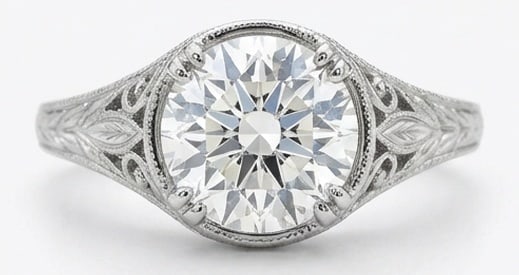 Lab Grown 5.00 Ct Round Brilliant Diamond Ring – Vintage Engraved Solitaire with Filigree Details: Designed to stand out, this ring presents a 5.00 carat lab grown Round Brilliant center diamond. White Gold gives the piece a refined, neutral foundation for daily wear or events. The overall style fo