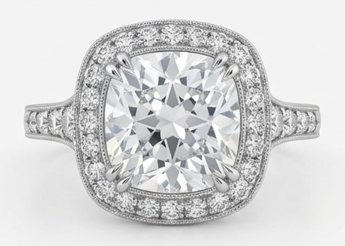 Lab Grown 3.00 Ct Cushion (Old Mine Look) Diamond Ring – Classic Cushion Halo with Tapered: Graceful and eye-catching, this ring is set with a 3.00 carat lab grown Cushion (Old Mine Look) center diamond. Set in White Gold , the ring is styled with classic cushion halo with tapered shoulders 