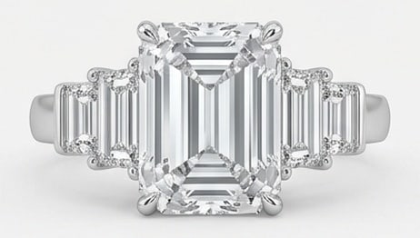 Lab Grown 7.00 Ct Emerald Cut Diamond Ring – Art Deco Step-Cut with Graduated Baguette Sides – /: Sophisticated and modern, this ring is defined by a 7.00 carat lab grown Emerald Cut center diamond as the focal point. The art deco step-cut with graduated baguette sides design is paired with White 