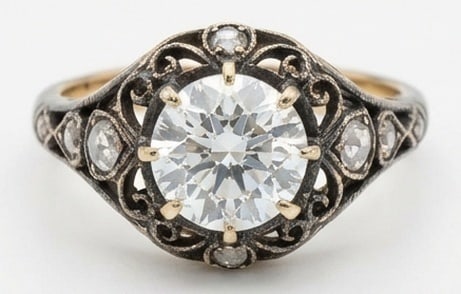Lab Grown 3.00 Ct Round Brilliant Diamond Ring – Antique Victorian Filigree (Two-Tone) –: Classic with a contemporary edge, this ring spotlights a 3.00 carat lab grown Round Brilliant center diamond. Oxidized Silver Yellow Gold gives the piece a refined, neutral foundation for daily wear o